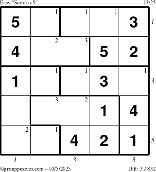 The grouppuzzles.com Easy Sudoku-5 puzzle for Sunday October 5, 2025 with all 3 steps marked