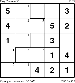 The grouppuzzles.com Easy Sudoku-5 puzzle for Sunday October 5, 2025 with the first 3 steps marked