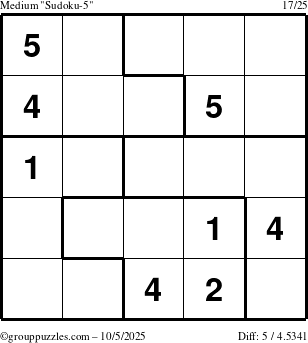 The grouppuzzles.com Medium Sudoku-5 puzzle for Sunday October 5, 2025
