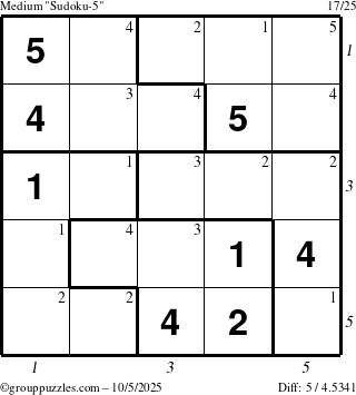 The grouppuzzles.com Medium Sudoku-5 puzzle for Sunday October 5, 2025 with all 5 steps marked