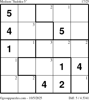 The grouppuzzles.com Medium Sudoku-5 puzzle for Sunday October 5, 2025 with the first 3 steps marked