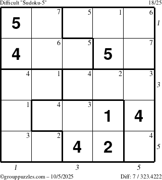 The grouppuzzles.com Difficult Sudoku-5 puzzle for Sunday October 5, 2025 with all 7 steps marked