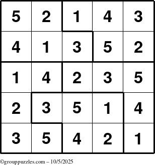 The grouppuzzles.com Answer grid for the Sudoku-5 puzzle for Sunday October 5, 2025
