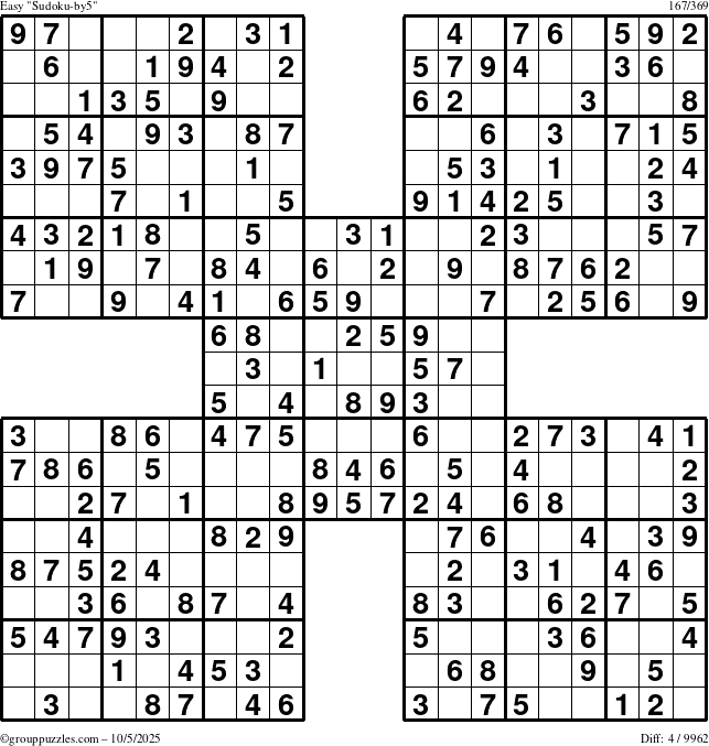 The grouppuzzles.com Easy Sudoku-by5 puzzle for Sunday October 5, 2025