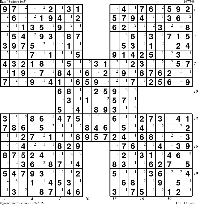 The grouppuzzles.com Easy Sudoku-by5 puzzle for Sunday October 5, 2025 with all 4 steps marked