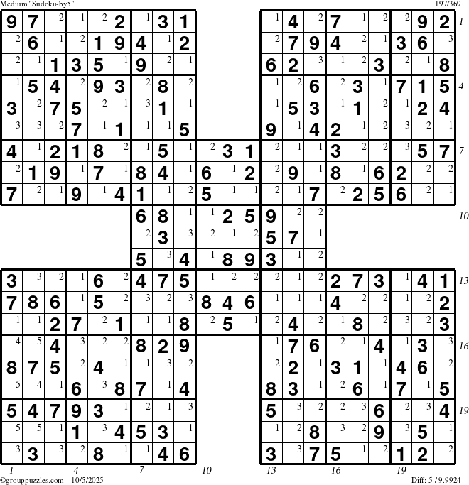 The grouppuzzles.com Medium Sudoku-by5 puzzle for Sunday October 5, 2025 with all 5 steps marked