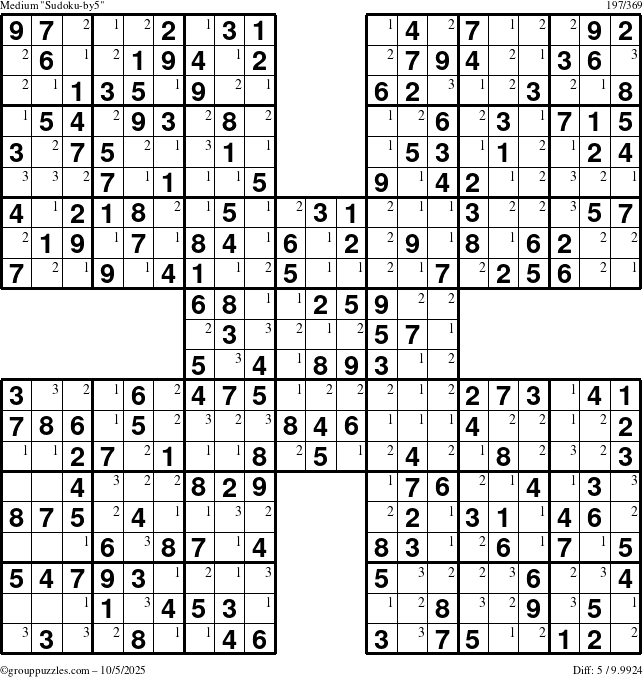 The grouppuzzles.com Medium Sudoku-by5 puzzle for Sunday October 5, 2025 with the first 3 steps marked