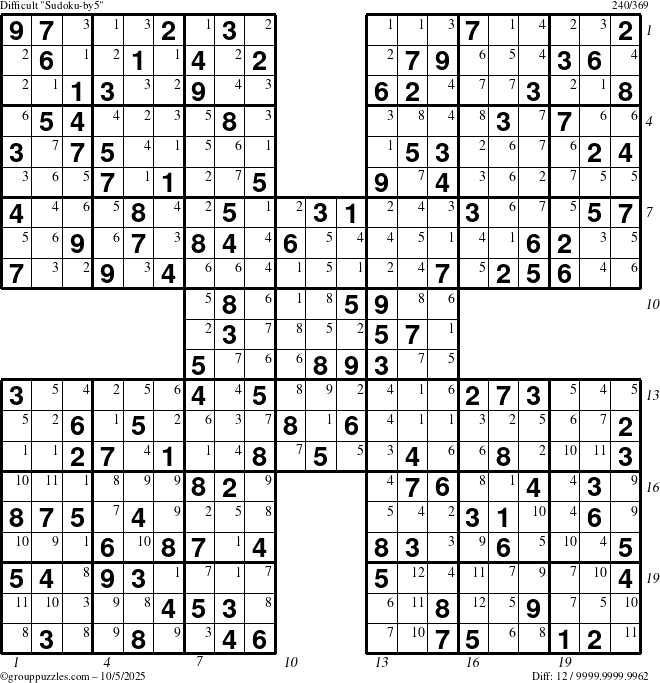 The grouppuzzles.com Difficult Sudoku-by5 puzzle for Sunday October 5, 2025 with all 12 steps marked