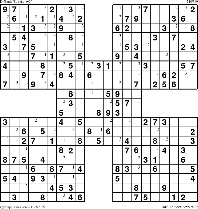 The grouppuzzles.com Difficult Sudoku-by5 puzzle for Sunday October 5, 2025 with the first 3 steps marked