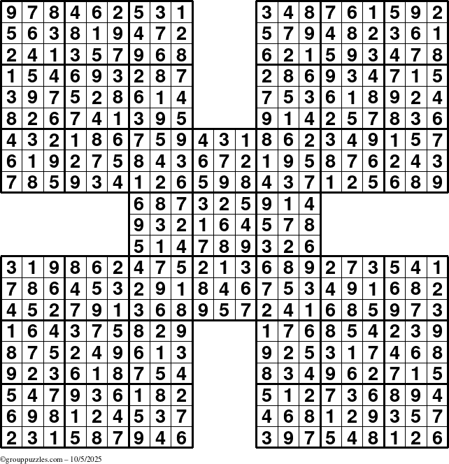 The grouppuzzles.com Answer grid for the Sudoku-by5 puzzle for Sunday October 5, 2025