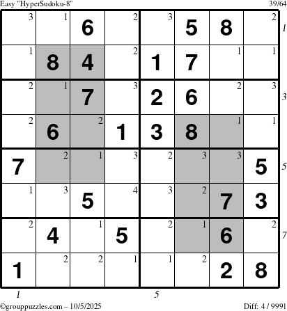 The grouppuzzles.com Easy HyperSudoku-8 puzzle for Sunday October 5, 2025 with all 4 steps marked