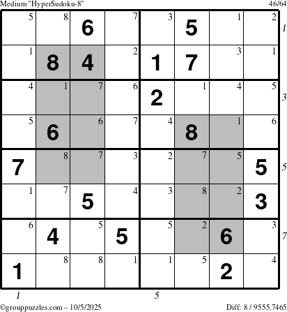 The grouppuzzles.com Medium HyperSudoku-8 puzzle for Sunday October 5, 2025 with all 8 steps marked