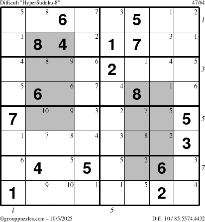 The grouppuzzles.com Difficult HyperSudoku-8 puzzle for Sunday October 5, 2025 with all 10 steps marked