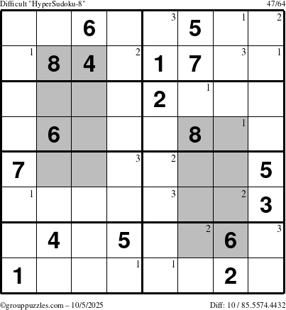 The grouppuzzles.com Difficult HyperSudoku-8 puzzle for Sunday October 5, 2025 with the first 3 steps marked