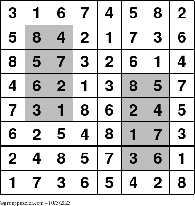 The grouppuzzles.com Answer grid for the HyperSudoku-8 puzzle for Sunday October 5, 2025