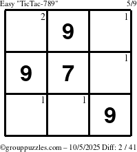 The grouppuzzles.com Easy TicTac-789 puzzle for Sunday October 5, 2025 with the first 2 steps marked