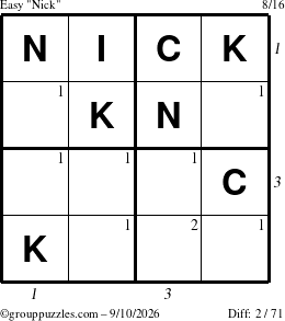 The grouppuzzles.com Easy Nick puzzle for Thursday September 10, 2026 with all 2 steps marked