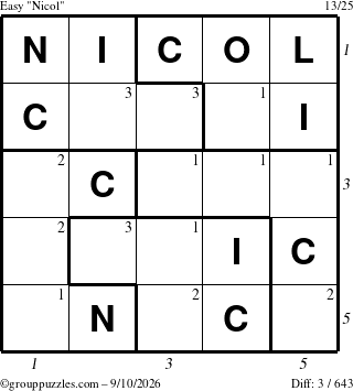 The grouppuzzles.com Easy Nicol puzzle for Thursday September 10, 2026, suitable for printing, with all 3 steps marked