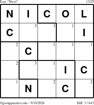 The grouppuzzles.com Easy Nicol puzzle for Thursday September 10, 2026 with the first 3 steps marked