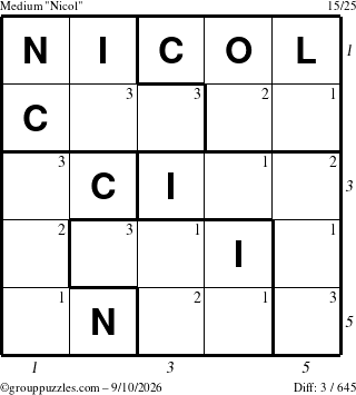 The grouppuzzles.com Medium Nicol puzzle for Thursday September 10, 2026, suitable for printing, with all 3 steps marked