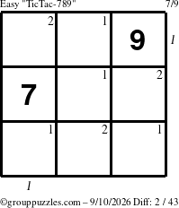 The grouppuzzles.com Easy TicTac-789 puzzle for Thursday September 10, 2026, suitable for printing, with all 2 steps marked