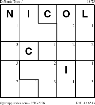 The grouppuzzles.com Difficult Nicol puzzle for Thursday September 10, 2026 with the first 3 steps marked