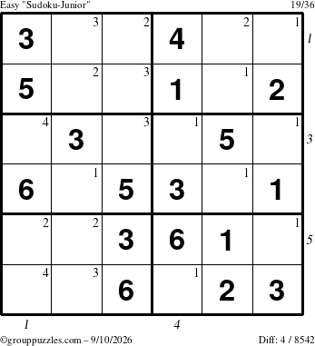 The grouppuzzles.com Easy Sudoku-Junior puzzle for Thursday September 10, 2026 with all 4 steps marked