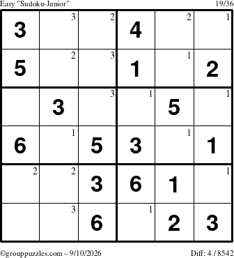 The grouppuzzles.com Easy Sudoku-Junior puzzle for Thursday September 10, 2026 with the first 3 steps marked