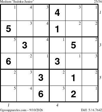 The grouppuzzles.com Medium Sudoku-Junior puzzle for Thursday September 10, 2026 with all 5 steps marked