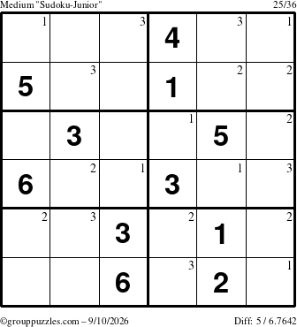 The grouppuzzles.com Medium Sudoku-Junior puzzle for Thursday September 10, 2026 with the first 3 steps marked