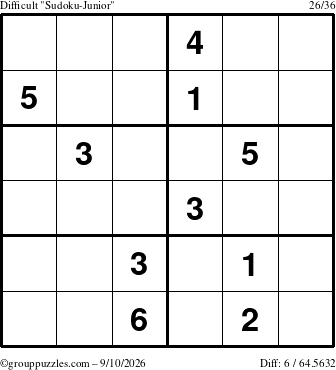 The grouppuzzles.com Difficult Sudoku-Junior puzzle for Thursday September 10, 2026