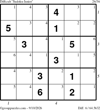 The grouppuzzles.com Difficult Sudoku-Junior puzzle for Thursday September 10, 2026, suitable for printing, with all 6 steps marked