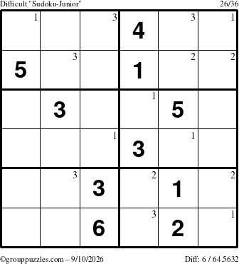 The grouppuzzles.com Difficult Sudoku-Junior puzzle for Thursday September 10, 2026 with the first 3 steps marked