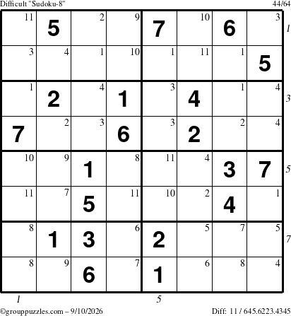 The grouppuzzles.com Difficult Sudoku-8 puzzle for Thursday September 10, 2026, suitable for printing, with all 11 steps marked