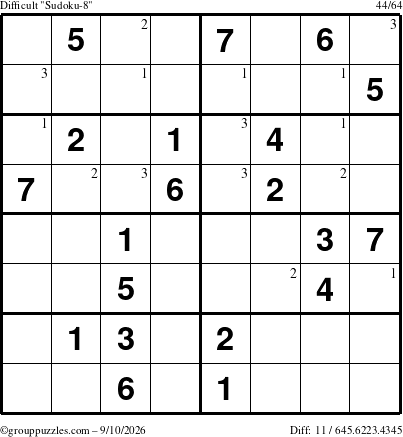 The grouppuzzles.com Difficult Sudoku-8 puzzle for Thursday September 10, 2026 with the first 3 steps marked