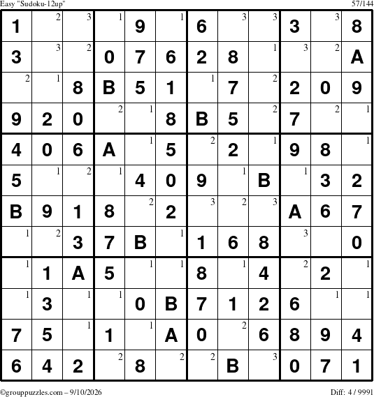 The grouppuzzles.com Easy Sudoku-12up puzzle for Thursday September 10, 2026 with the first 3 steps marked