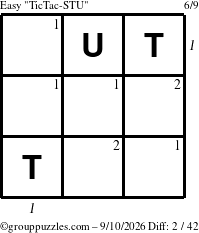 The grouppuzzles.com Easy TicTac-STU puzzle for Thursday September 10, 2026, suitable for printing, with all 2 steps marked