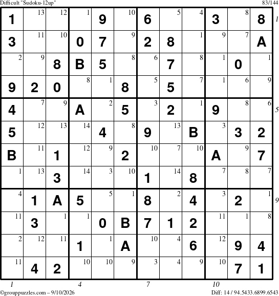 The grouppuzzles.com Difficult Sudoku-12up puzzle for Thursday September 10, 2026, suitable for printing, with all 14 steps marked