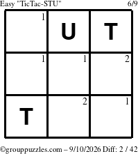 The grouppuzzles.com Easy TicTac-STU puzzle for Thursday September 10, 2026 with the first 2 steps marked