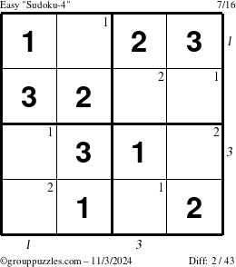 The grouppuzzles.com Easy Sudoku-4 puzzle for Sunday November 3, 2024 with all 2 steps marked