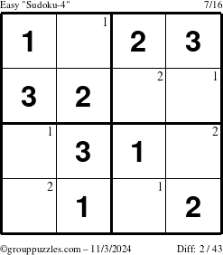 The grouppuzzles.com Easy Sudoku-4 puzzle for Sunday November 3, 2024 with the first 2 steps marked