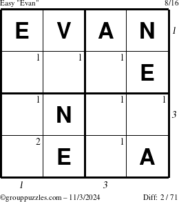 The grouppuzzles.com Easy Evan puzzle for Sunday November 3, 2024 with all 2 steps marked