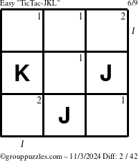 The grouppuzzles.com Easy TicTac-JKL puzzle for Sunday November 3, 2024 with all 2 steps marked