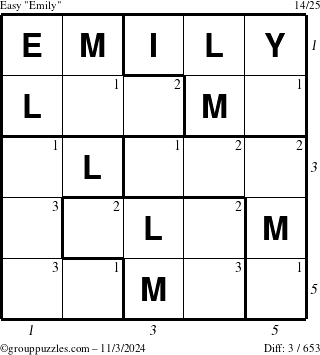 The grouppuzzles.com Easy Emily puzzle for Sunday November 3, 2024 with all 3 steps marked