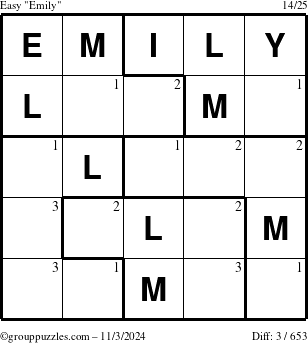 The grouppuzzles.com Easy Emily puzzle for Sunday November 3, 2024 with the first 3 steps marked