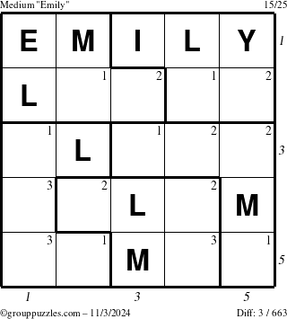 The grouppuzzles.com Medium Emily puzzle for Sunday November 3, 2024 with all 3 steps marked