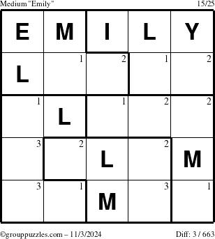 The grouppuzzles.com Medium Emily puzzle for Sunday November 3, 2024 with the first 3 steps marked