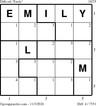 The grouppuzzles.com Difficult Emily puzzle for Sunday November 3, 2024 with all 4 steps marked