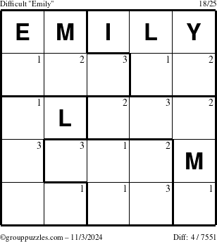 The grouppuzzles.com Difficult Emily puzzle for Sunday November 3, 2024 with the first 3 steps marked