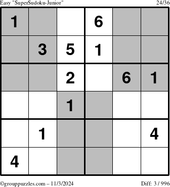 The grouppuzzles.com Easy SuperSudoku-Junior puzzle for Sunday November 3, 2024